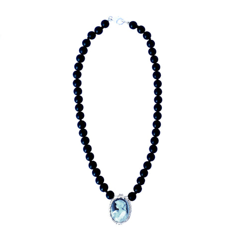 Satin black agate necklace with central cameo. - Agau Gioielli