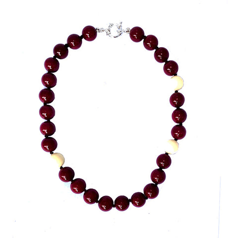 Bordeaux red brown ball necklace with 3 beige bone balls model 0450 - Agau Gioielli