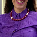 Bordeaux red brown ball necklace with 3 beige bone balls model 0450 - Agau Gioielli