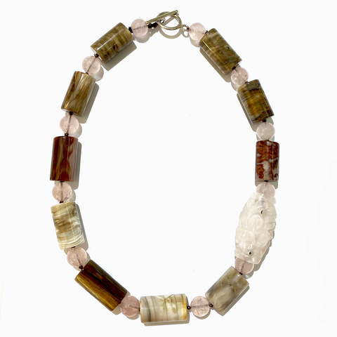 Fossil wood and rose quartz necklace - Agau Gioielli