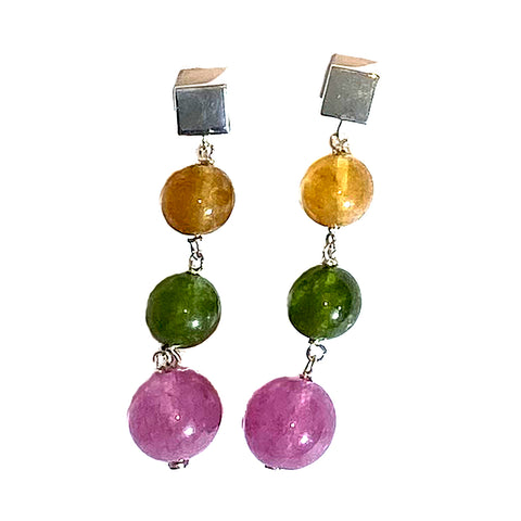 Earrings with 3 graduated spheres and silver cube - Agau Gioielli
